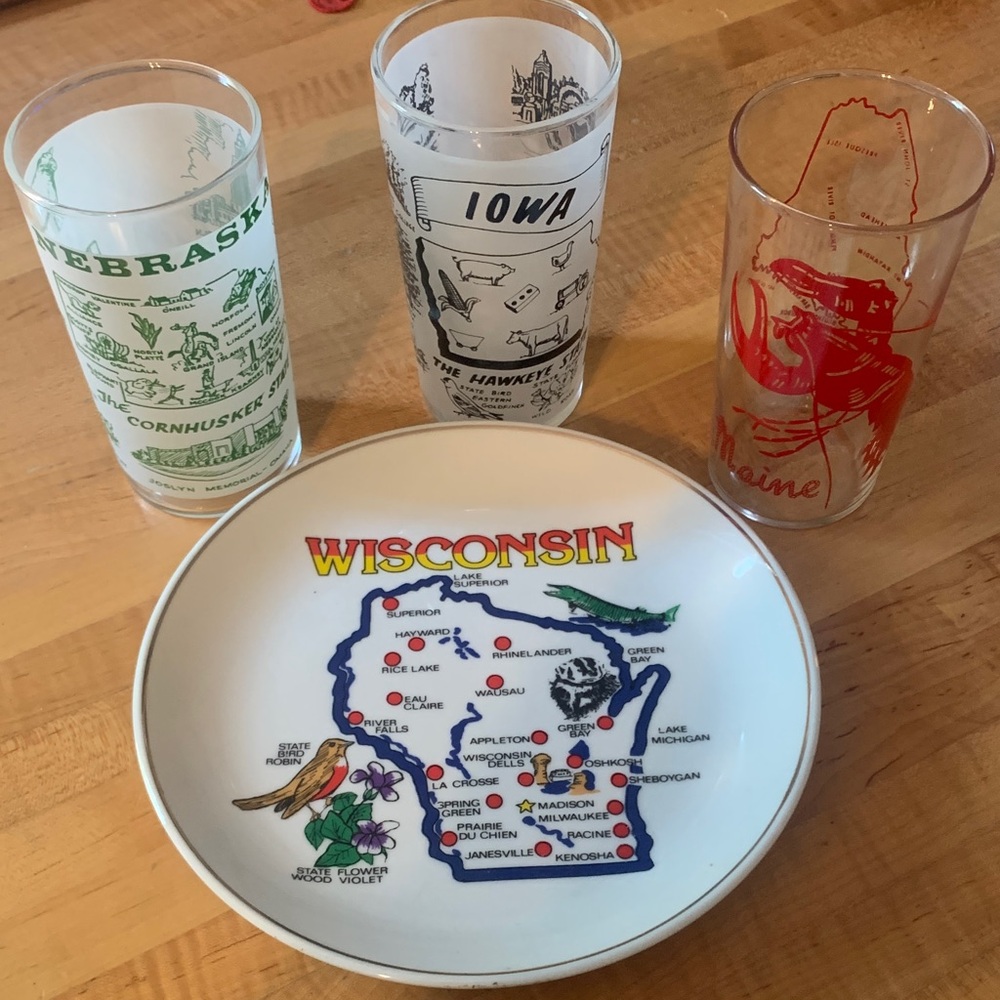 State glasses and plate. Nebraska, Iowa Maine drinking glasses.